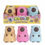 Three squishy capabara toys in yellow, pink, and blue packaging with 'Cool Kawaii' branding.