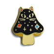 Cosmic Mushroom Cat enamel pin featuring a black cat face on a gold mushroom cap with celestial star and planet details