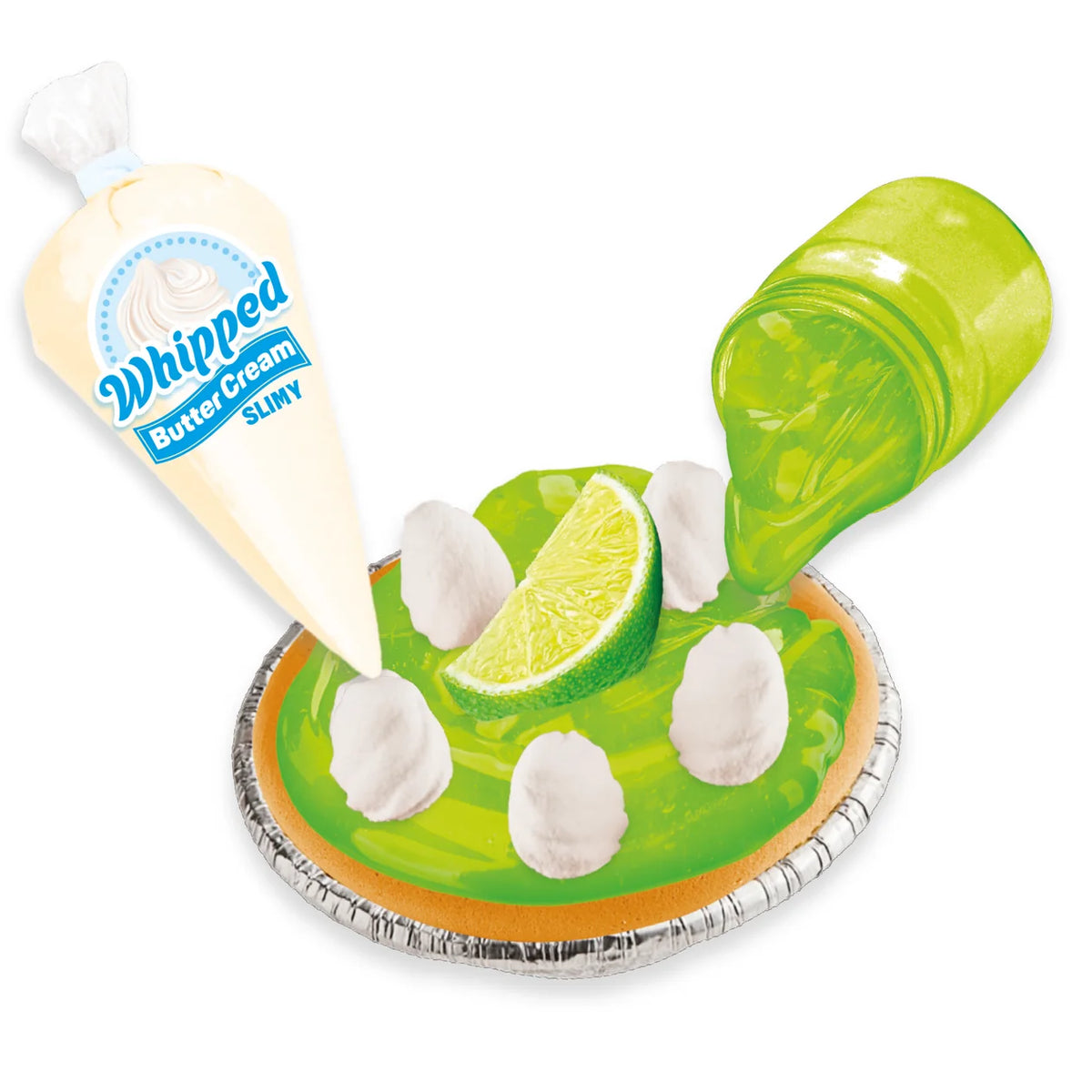 Topping a Cra-Z-Slimy Sweet Bakery key lime pie with green slime and cream