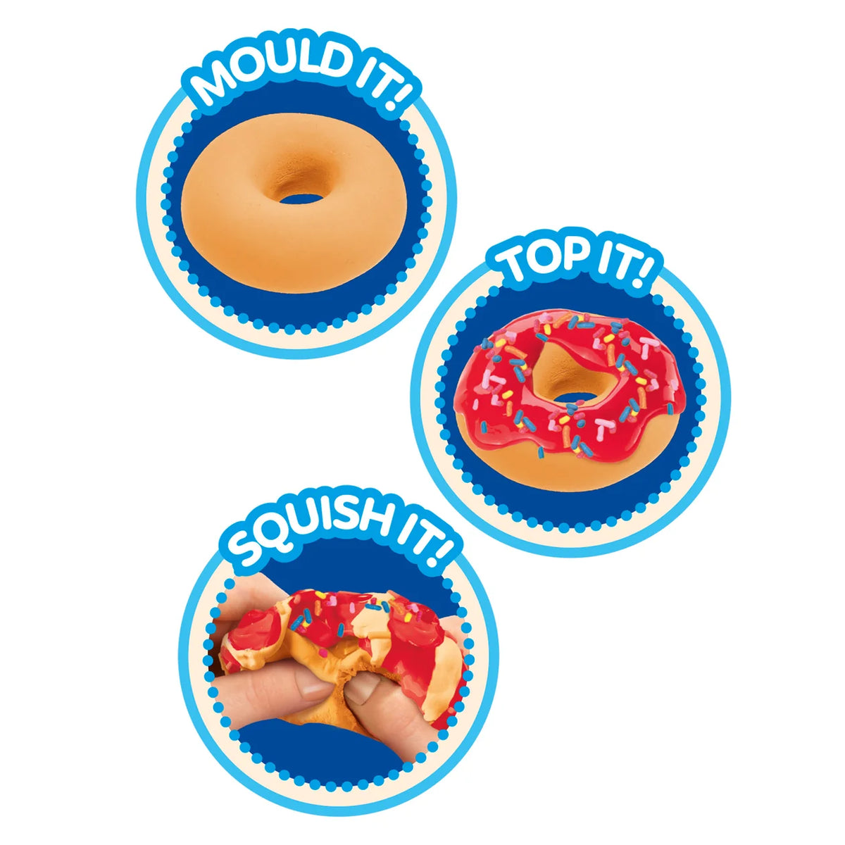 Mould it, top it, squish it steps for Cra-Z-Slimy Sweet Bakery donut slime