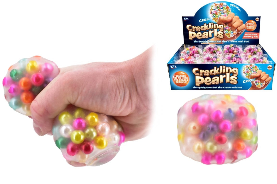 Hand squeezing multicolour Crackling Pearls ASMR bead stress ball alongside plain product shot and display box