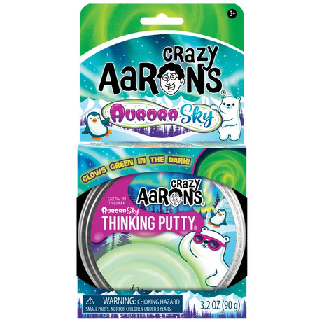 Crazy Aaron's Aurora Sky Thinking Putty tin packaging showing glow in the dark green putty