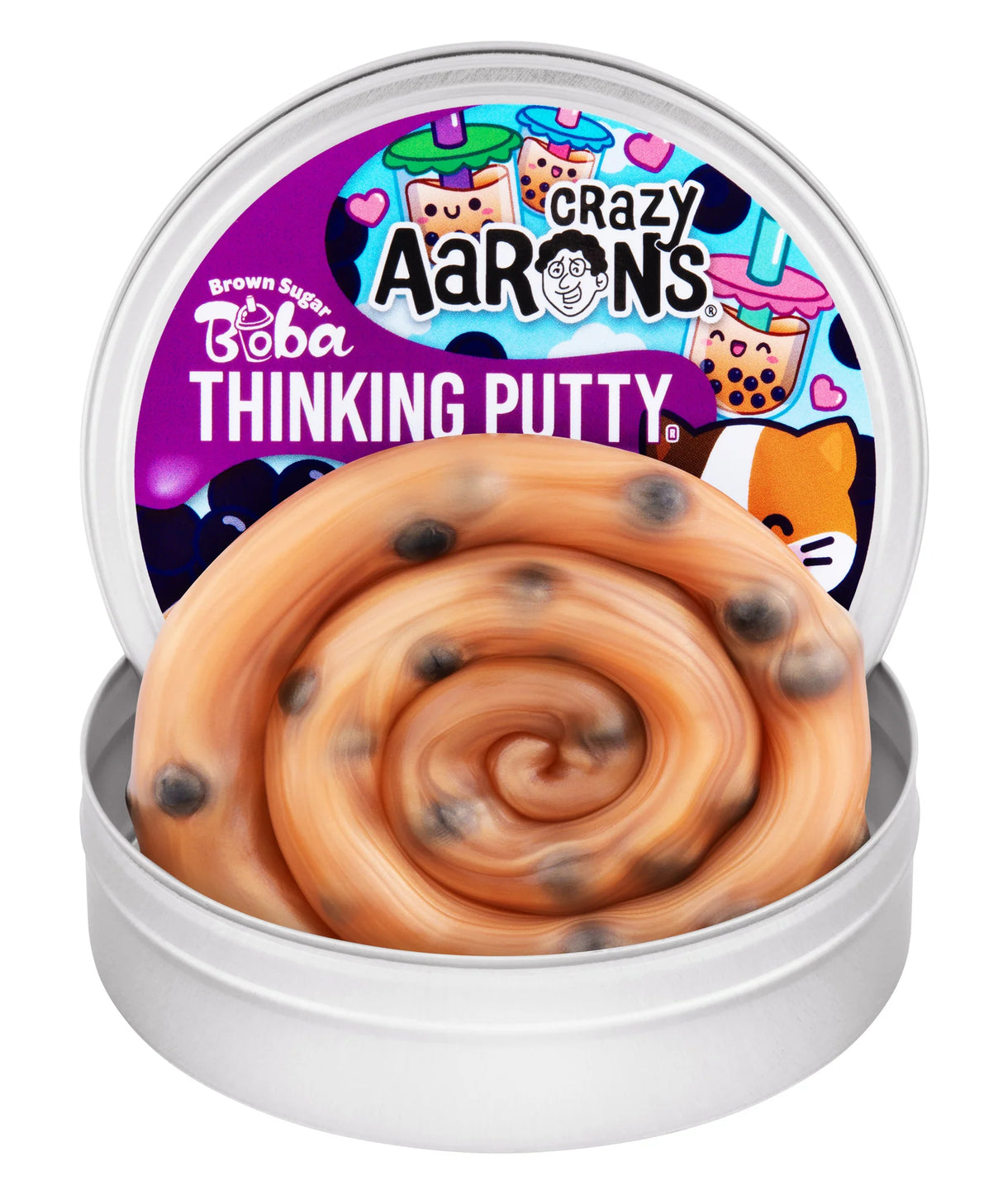 Crazy Aaron's Brown Sugar Boba Thinking Putty open tin showing caramel-coloured putty with dark boba inclusions and kawaii boba-themed lid artwork