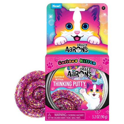 Crazy Aaron's Curious Kitten Thinking Putty tin showing sparkly pink and purple glitter putty with rainbow kitten-themed packaging