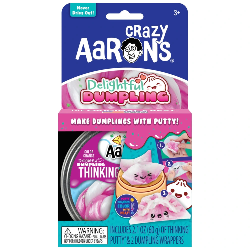 Crazy Aaron's Delightful Dumpling colour-change thinking putty tin packaging with dumpling wrappers