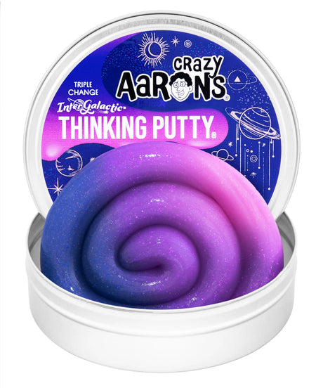 Crazy Aaron's InterGalactic Triple Change Thinking Putty open tin showing glittery blue, purple and pink colour-shifting putty with space-themed lid artwork