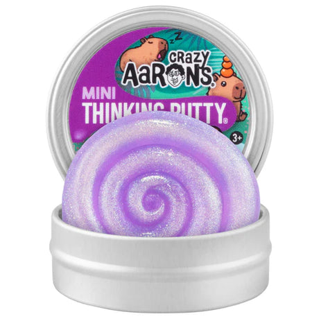 Crazy Aaron's Mini Thinking Putty with purple and white swirl in a clear container on a white background