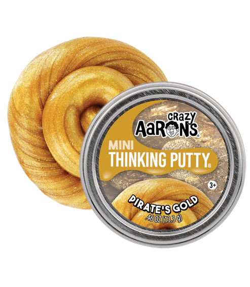 A tin of Crazy Aaron's Mini Thinking Putty in 'Pirate's Gold' shown next to a large, coiled piece of the golden glittery putty on a plain white background.
