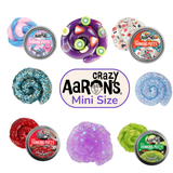 Crazy Aaron's Mini Thinking Putty range showing Cotton Candy, Sushi, Rock N Roll, Avocado and glitter variants with their tins