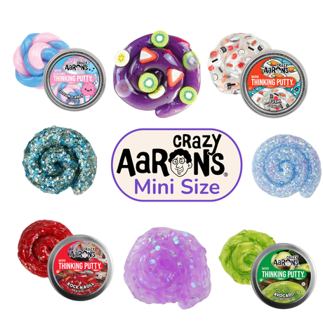 Crazy Aaron's Mini Thinking Putty range showing Cotton Candy, Sushi, Rock N Roll, Avocado and glitter variants with their tins