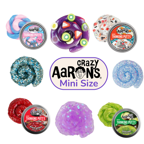 Crazy Aaron's Mini Thinking Putty range showing Cotton Candy, Sushi, Rock N Roll, Avocado and glitter variants with their tins