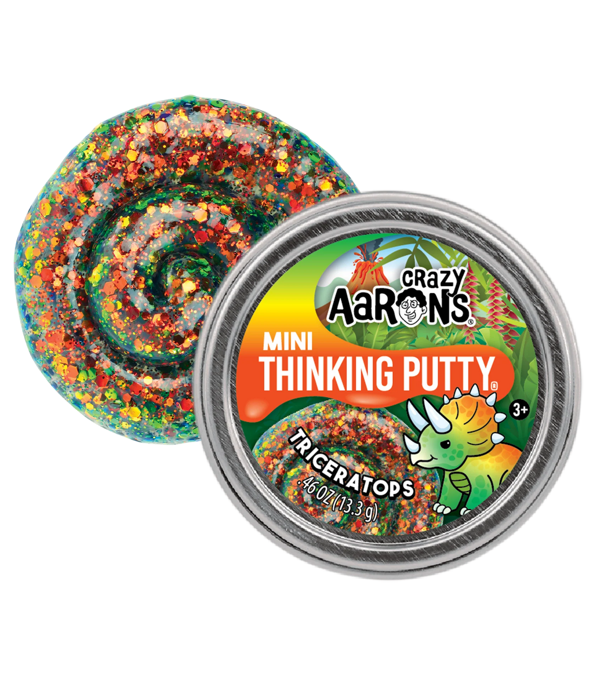 Crazy Aaron's Mini Thinking Putty in Triceratops with colorful swirl design on a white background