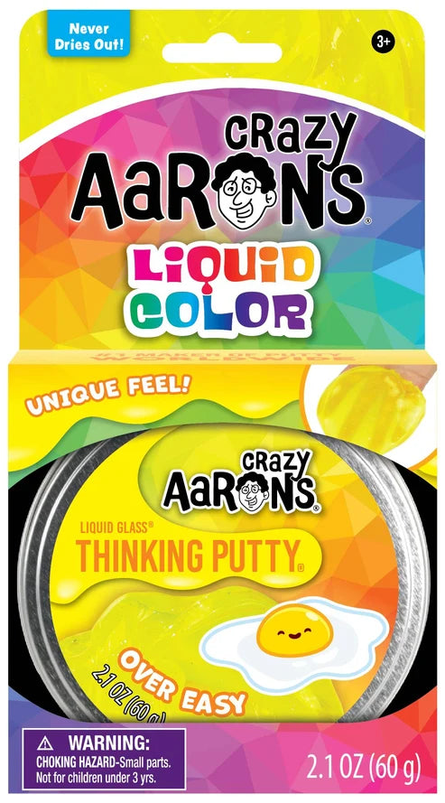 Crazy Aaron's Over Easy Liquid Glass Thinking Putty tin packaging showing yellow glossy putty