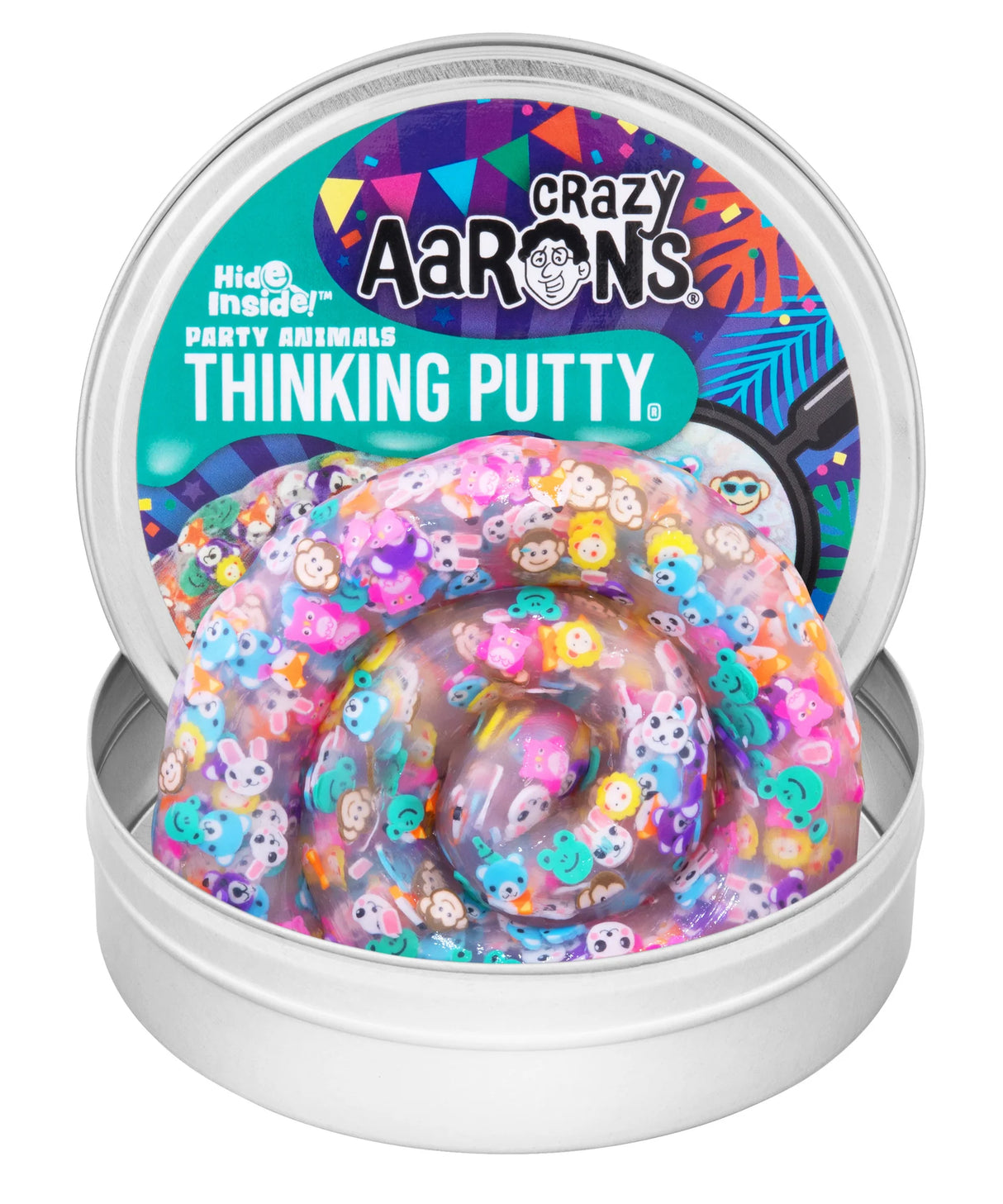 Crazy Aaron's Party Animals Hide Inside Thinking Putty open tin showing clear putty filled with colourful kawaii animal confetti pieces