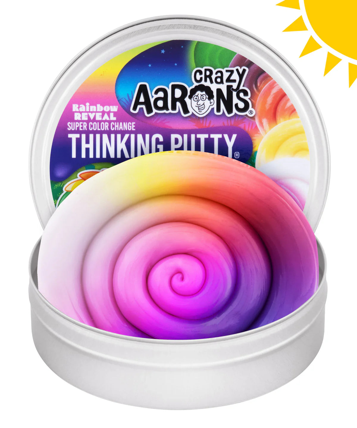 Crazy Aaron's Rainbow Reveal Super Colour Change Thinking Putty open tin showing vibrant rainbow swirl putty with sun and UV-themed lid artwork