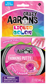 Crazy Aaron's Liquid Color Thinking Putty in 'Rose Lagoon' flavor, packaged in its original retail blister card with a clear plastic container showing the pink putty inside.
