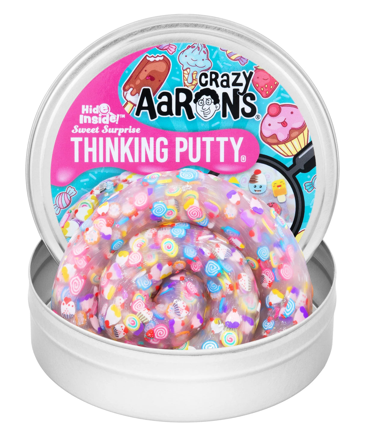 Crazy Aaron's Sweet Surprise Hide Inside Thinking Putty open tin showing pearlescent pink putty filled with miniature candy and sweet confetti pieces