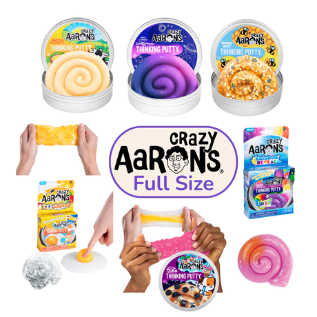 Selection of Crazy Aaron's Full Size Thinking Putty tins showing InterGalactic, Brown Sugar Boba, Better Butter, and Honey Hive variants alongside putty being stretched