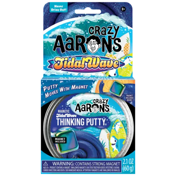Crazy Aaron's Tidal Wave Thinking Putty in its retail packaging, featuring a 2.1 oz roll of magnetic, heat-sensitive, and wet-activated putty with a blue and white ocean-themed cardboard sleeve.
