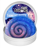 Crazy Aaron's Total Eclipse Cosmic Glows Thinking Putty open tin showing deep blue and purple iridescent glitter putty with planet confetti and celestial-themed lid artwork