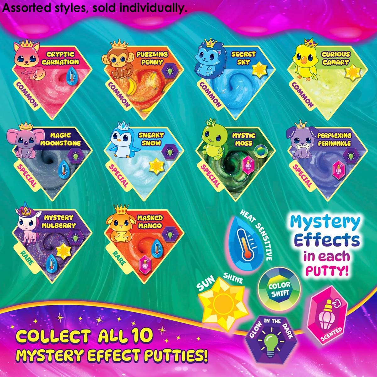 Chart showing all ten Crazy Aaron's Treasure Reveal putty designs and their mystery effects