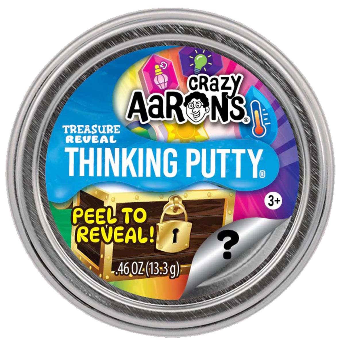 Unopened Crazy Aaron's Treasure Reveal Thinking Putty tin with peel to reveal treasure chest label