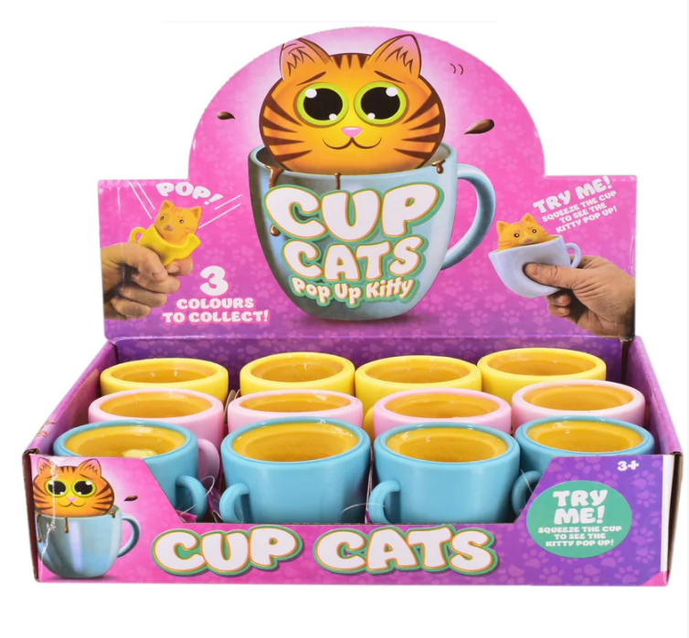 Cup Cats Pop Up Kitty squeeze sensory toy display, pink blue yellow assorted