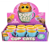 Cup Cats Pop Up Kitty squeeze sensory toy display, pink blue yellow assorted