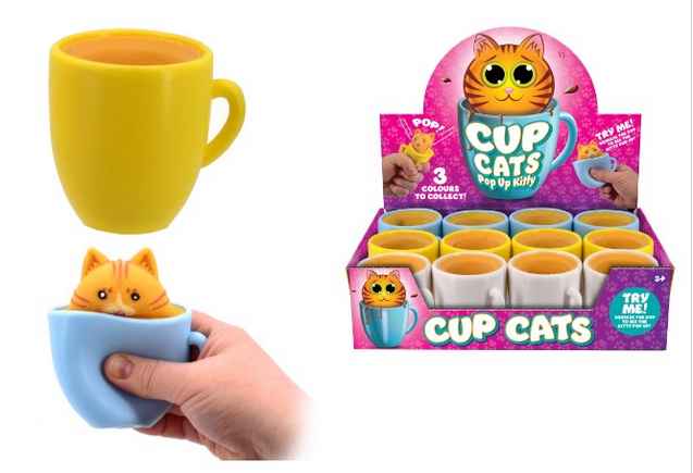 Cup Cats Pop Up Kitty novelty squeeze toys shown individually and in retail display box in assorted cup colours, squeeze the cup to make the cat pop up, 3 colours to collect, ages 3 plus