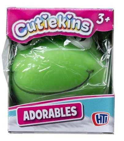 Cutiekins Adorables green frog squish and stretch sensory toy shown boxed