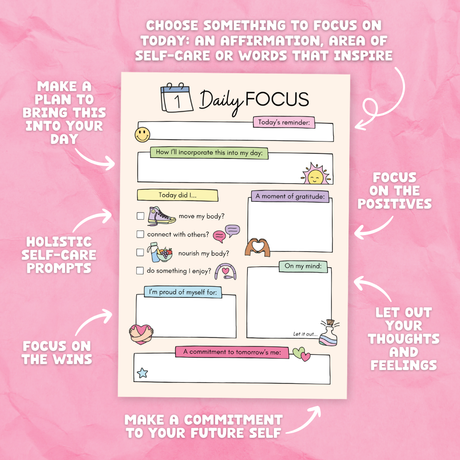Daily Focus notepad showing self-care prompts and gratitude sections, pastel