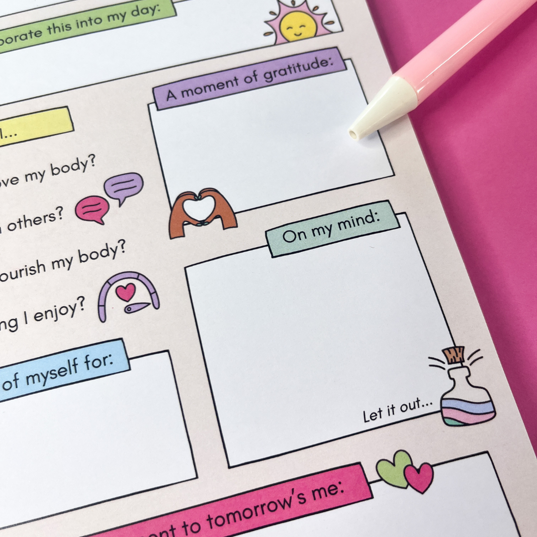 Daily Focus notepad gratitude and on my mind sections close-up, pastel stationery