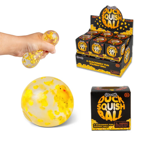 Scrunchems Duck Squish Ball shown with display box, individual box, and ball with hand squeezing