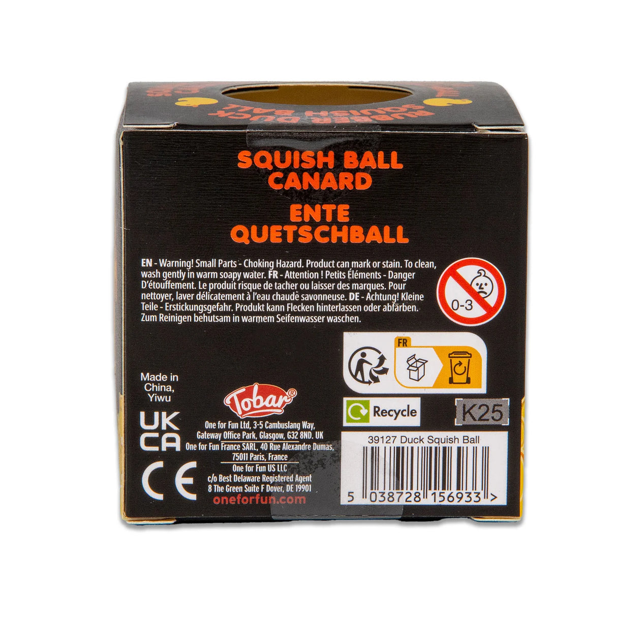 Back of the Scrunchems Duck Squish Ball black box showing multilingual safety information