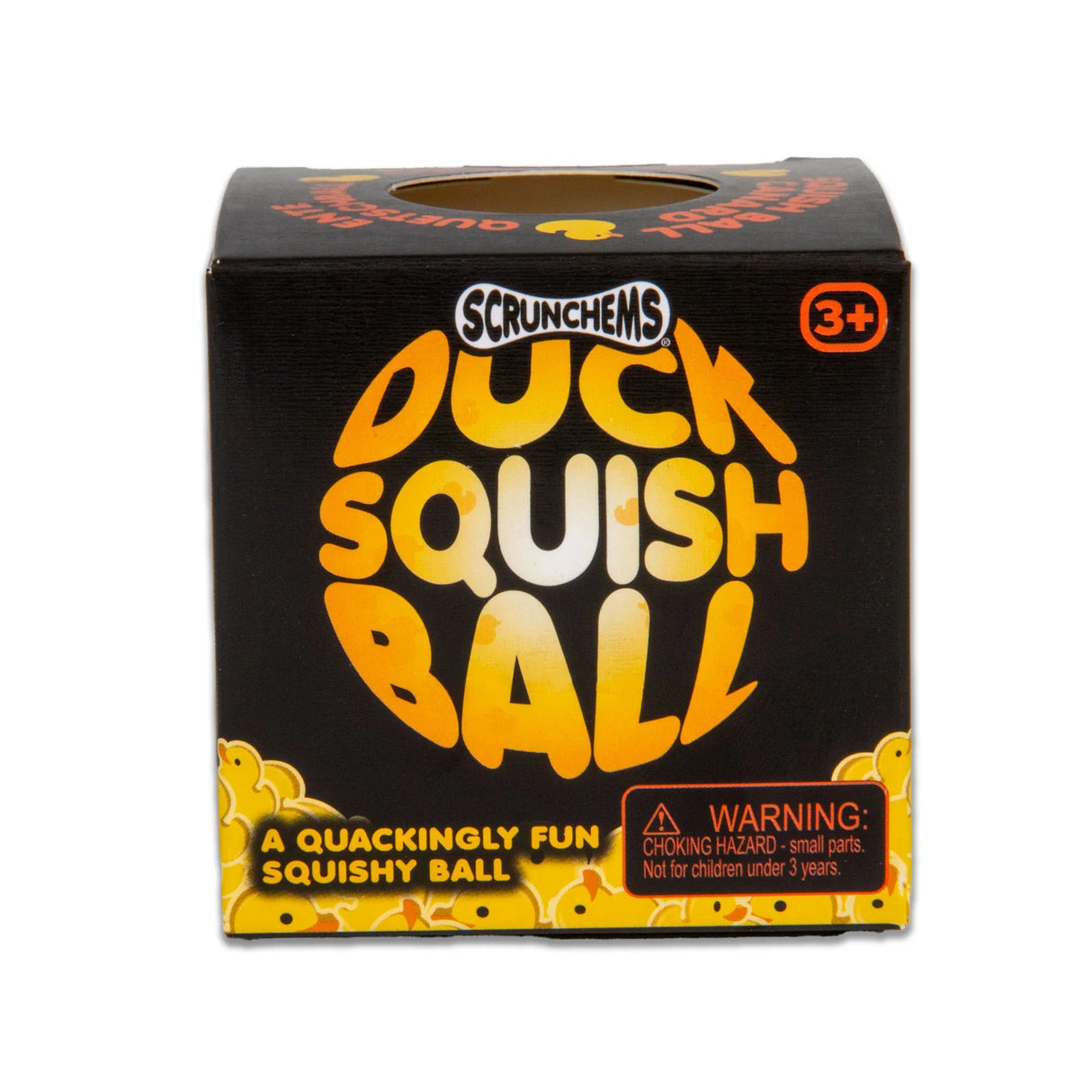 Front of the Scrunchems Duck Squish Ball black and yellow branded gift box