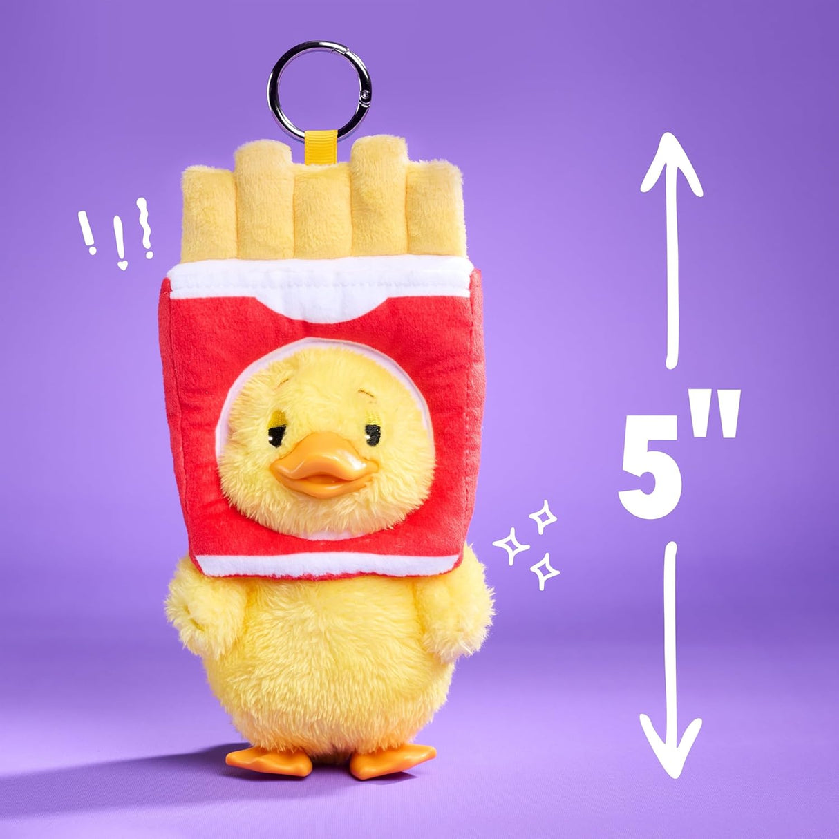 Duckalooz Fried Duck plush clip-on keychain in French fries costume, collectible plush toy