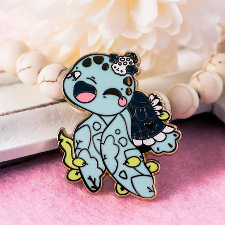 Evy Benita Leatherback Sea Turtle enamel pin on floral backing card, pink background
