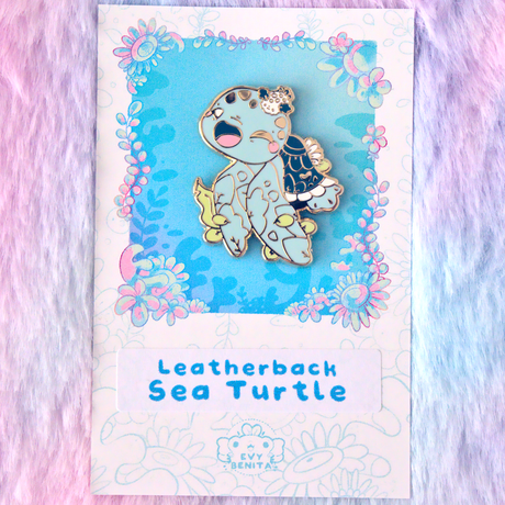 Evy Benita Leatherback Sea Turtle enamel pin on floral backing card, pink background