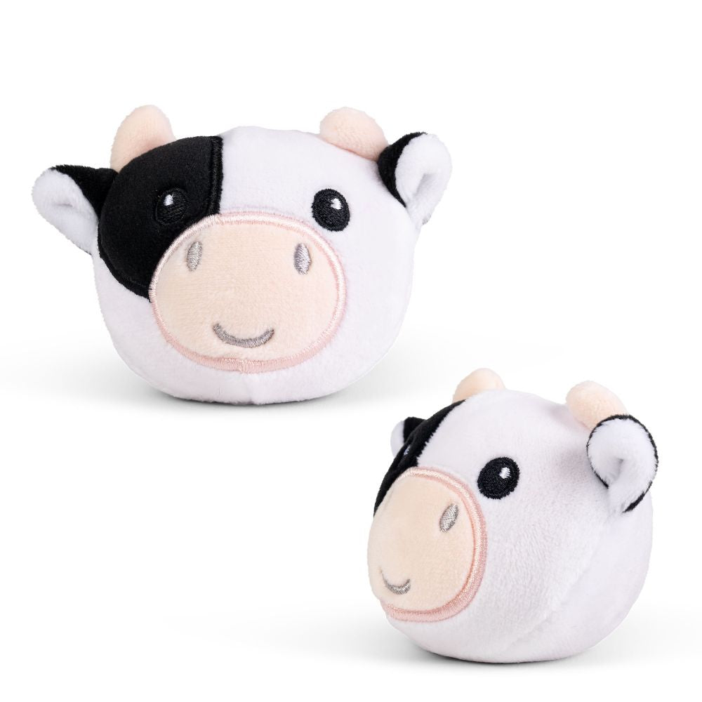 Farm animal squishy plush black and white cow sensory toy shown from front and back angles on white background