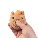 Hand squeezing brown horse farm animal squishy plush sensory toy demonstrating soft sugar-filled texture