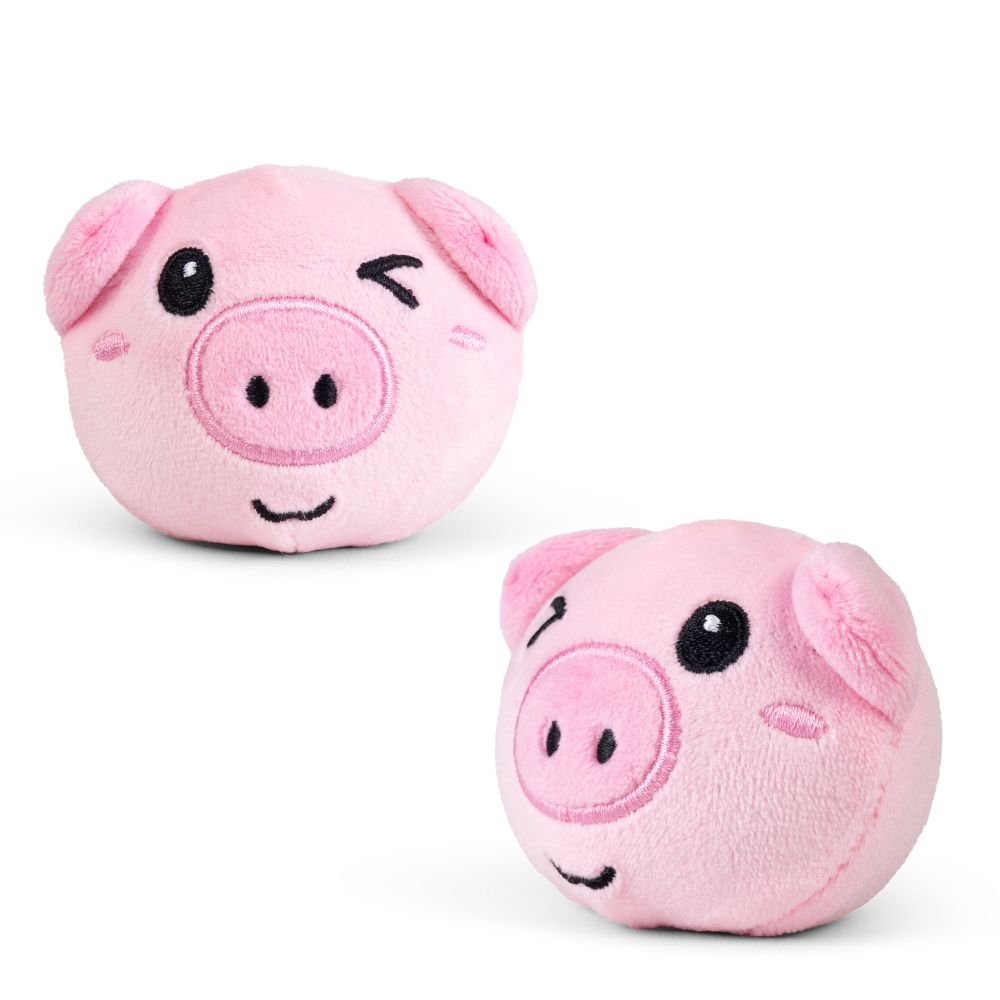 Farm animal squishy plush pink pig sensory toy with winking expression shown from front and back angles on white background