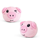 Farm animal squishy plush pink pig sensory toy with winking expression shown from front and back angles on white background