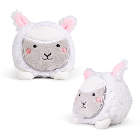 Farm animal squishy plush white and grey sheep sensory toy shown from front and back angles on white background