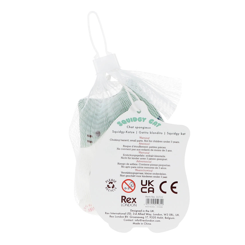 Rear of Rex London Squidgy Cat mesh bag packaging showing product name and safety information