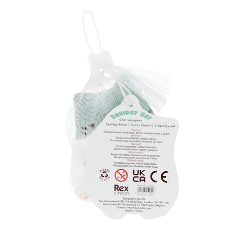 Rear of Rex London Squidgy Cat mesh bag packaging showing product name and safety information