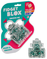 Fidget Blox Touch teal glitter squeeze and smush squishy sensory fidget toy on packaging