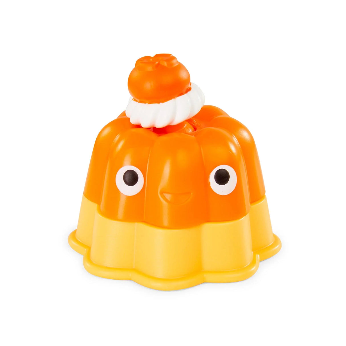 Orange jelly pudding fidget toy topped with a whipped cream swirl and smiling face