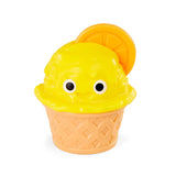 Yellow ice cream cone fidget toy with an orange slice topping and smiling face