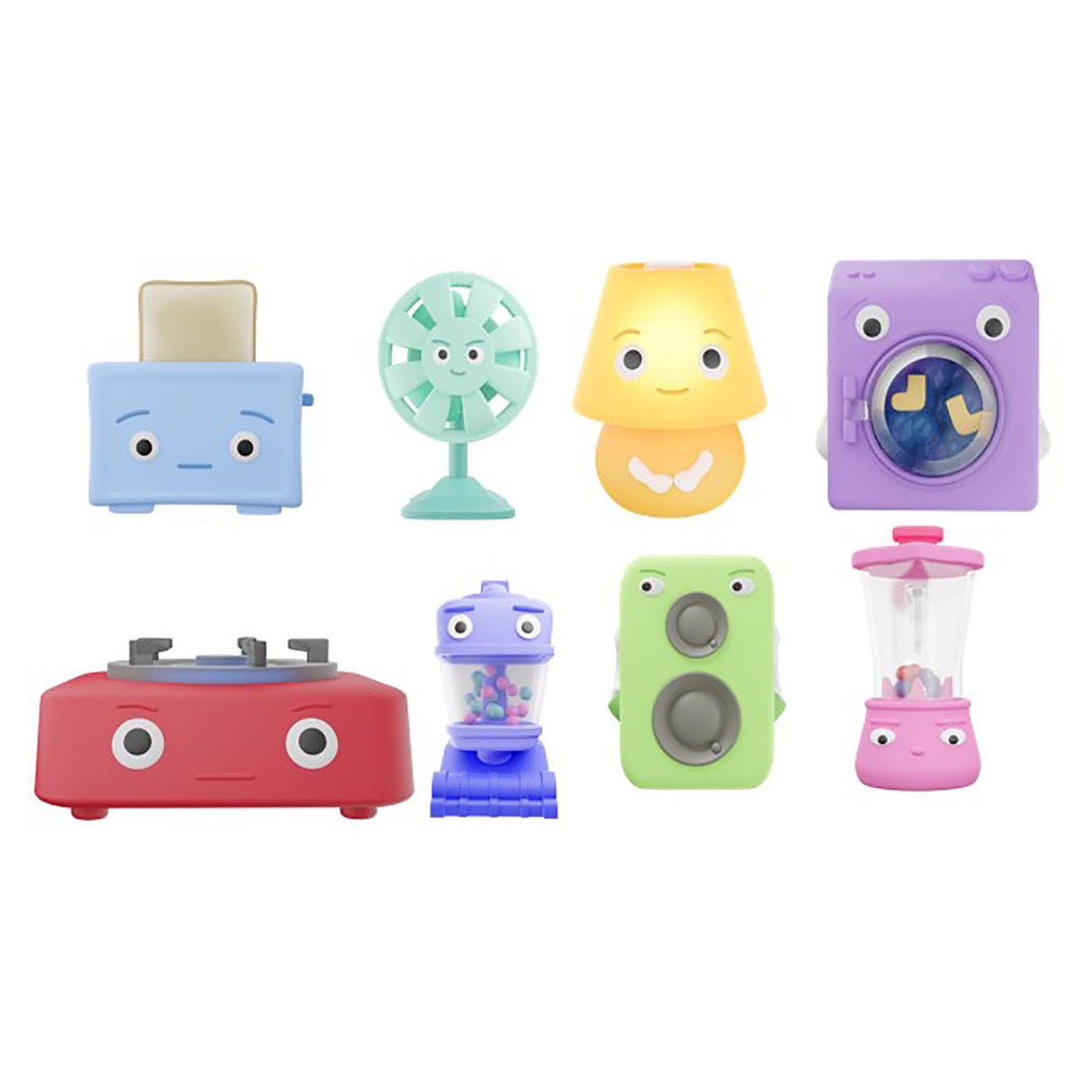 A set of eight colorful, cartoon-style toy appliances arranged in two rows on a plain white background. The toys include a blue toaster, a mint green fan, a yellow lamp, a purple washing machine, a red stove, a blue vacuum cleaner, a green speaker, and a pink blender, each with simple facial features.
