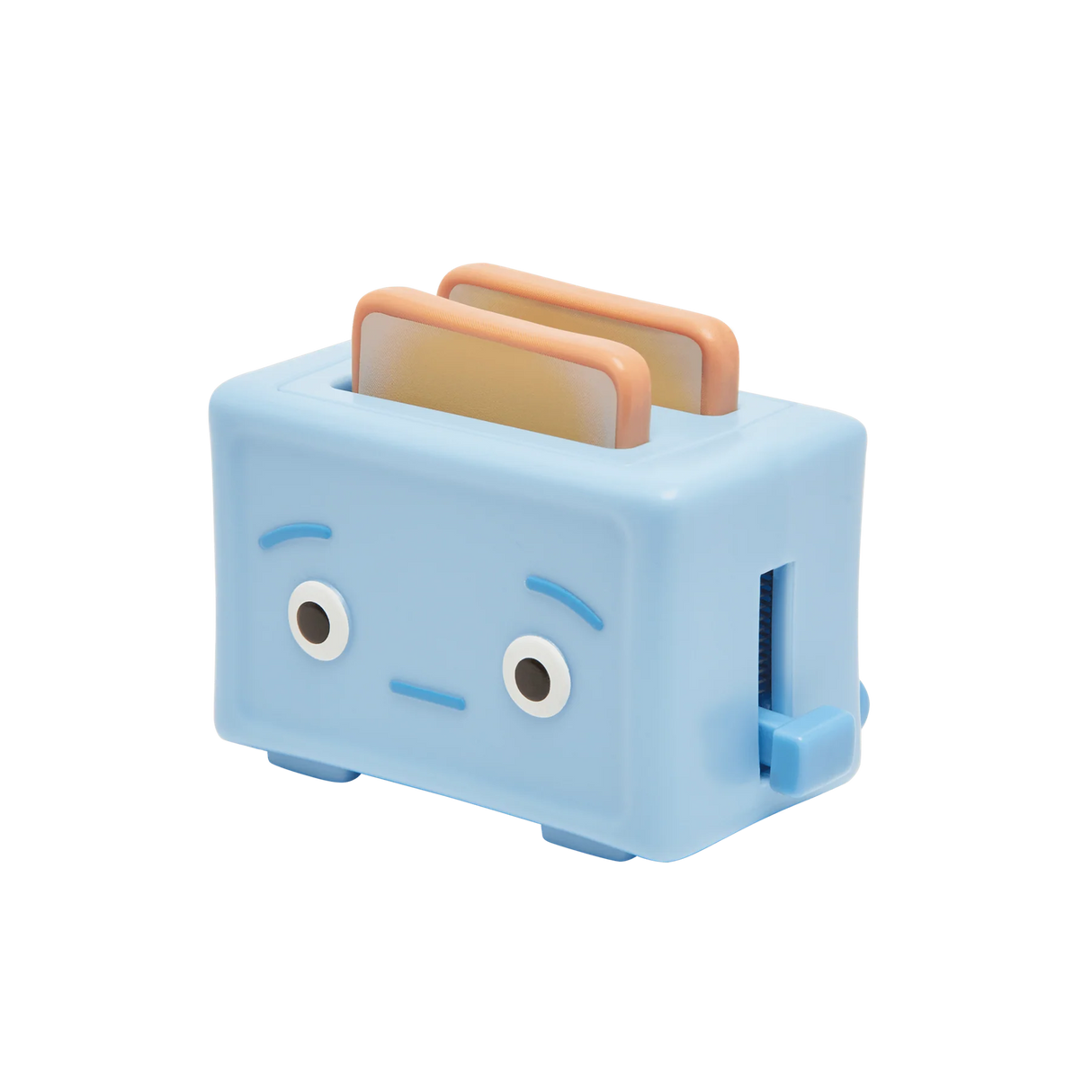 A light blue toaster with a cute cartoon face, featuring two slices of toast in the slots, isolated on a white background.